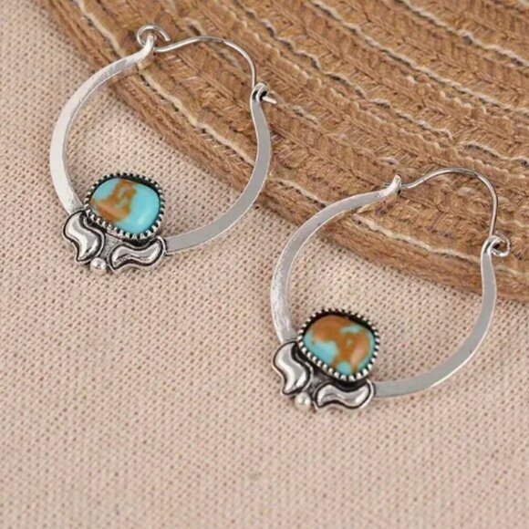 Silver Plate Turquoise Howlite Stone earrings - BOHO WESTERN - NEW - Picture 2 of 2